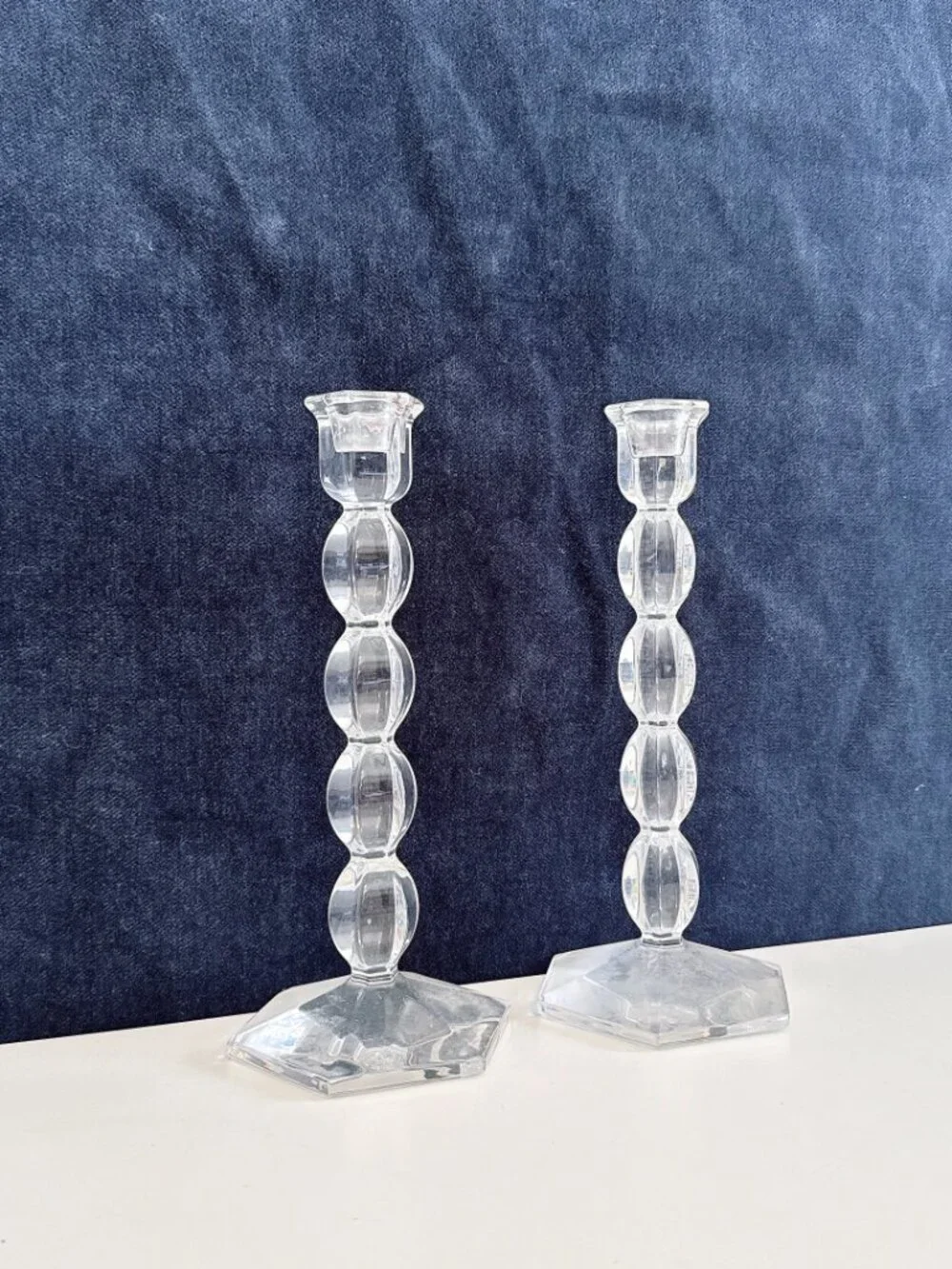 PAIR OF VAL ST. LAMBERT CRYSTAL BERLAYMONT CANDLESTICKS BELGIUM